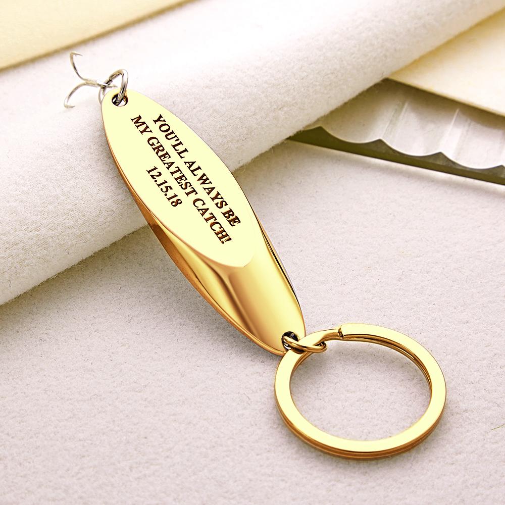Fish hook keyring attached to keys and leather fob — engraved keychain styled as a personalised keyring for him, perfect gift for dads or husbands