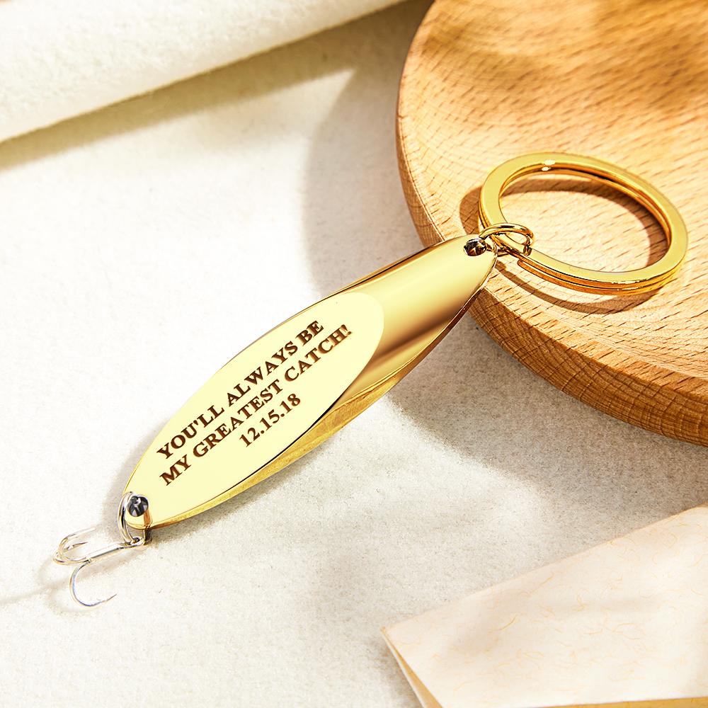 Close-up of personalised engraving on fish hook keyring — detailed engraved keychain, custom fishing accessory and meaningful personalised keyring for him