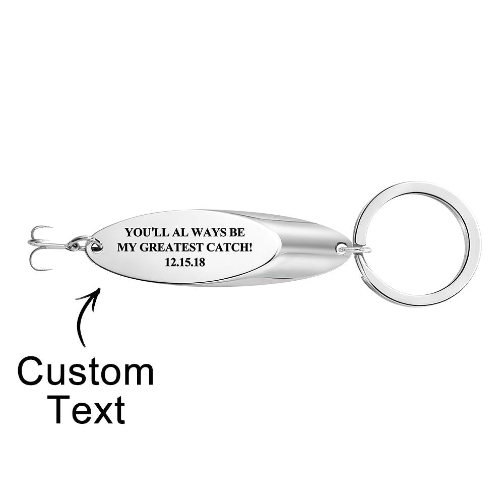 Fish hook keyring attached to keys and leather fob — engraved keychain styled as a personalised keyring for him, perfect gift for dads or husbands