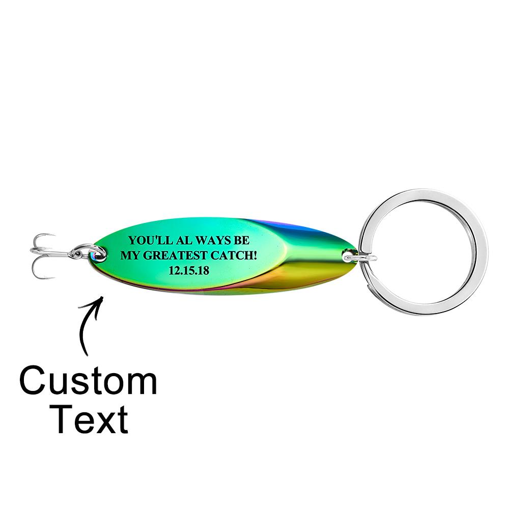 Detailed view of metal finish and handcrafted texture on engraved fish hook keyring — custom fishing accessory and engraved keychain keepsake