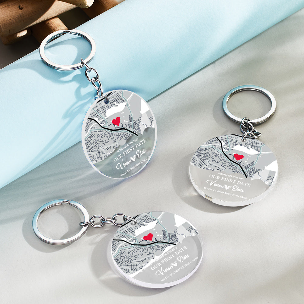 Lifestyle image of couple with personalised acrylic music and map keychain – sentimental Our First Date gift