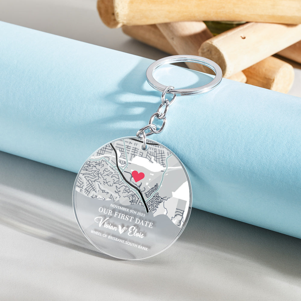 Personalised acrylic music keychain with scannable music code and custom map – Our First Date keepsake