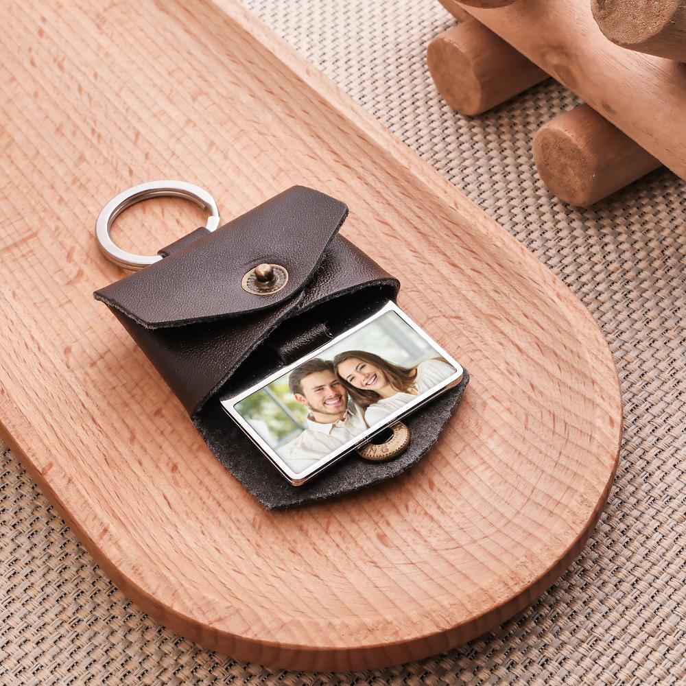 Open personalised leather envelope keyring showing fitted high-resolution photo, soft-touch leather and sturdy metal ring — perfect wedding or anniversary keepsake