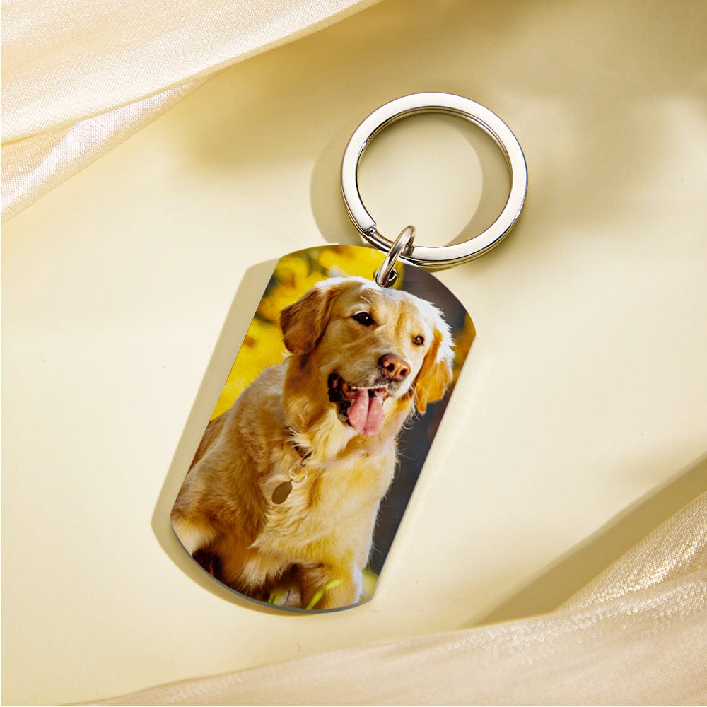 Engraved pet photo keychain displayed with split ring – custom keyring featuring high‑resolution pet photo, perfect memorial or gift for mum, dad or friends