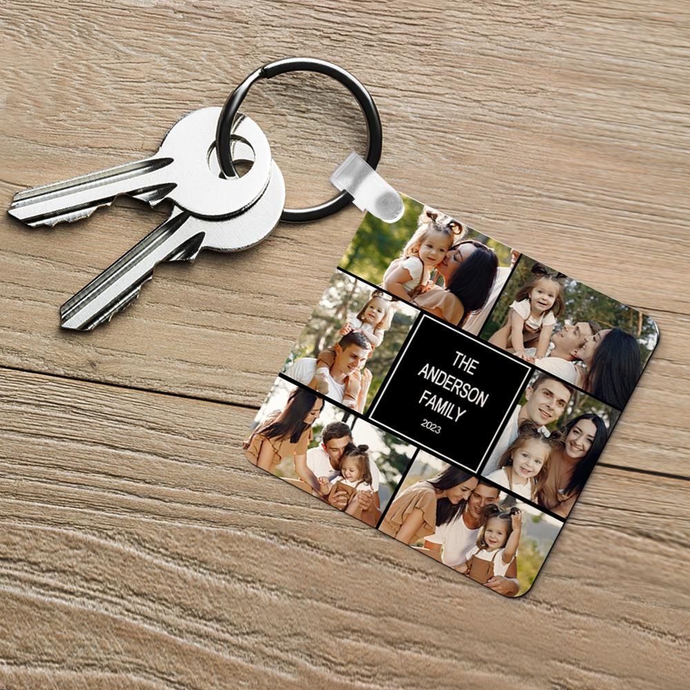 Close-up of personalised square collage keyring showing high-quality engraved and printed plate, editable colour options and custom text available