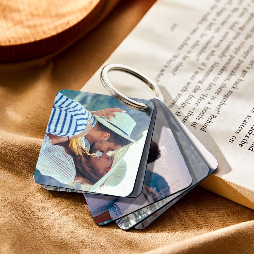 Detail of customisable acrylic panel and personalised text option beside felt photo pages — custom acrylic keychain gift