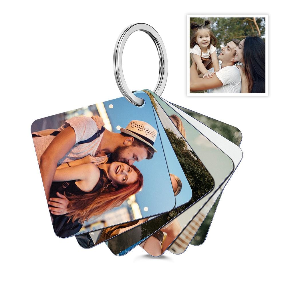 Close-up of felt flip book showing multiple printed photos between acrylic panels — personalised photo keyring, ideal gift for mum