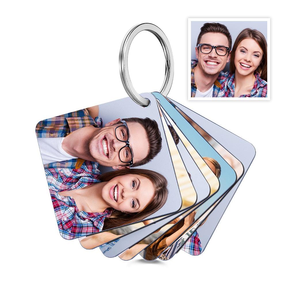 Custom acrylic keychain attached to a handbag ring, displaying double-sided photos — personalised keepsake gift for wife or teacher