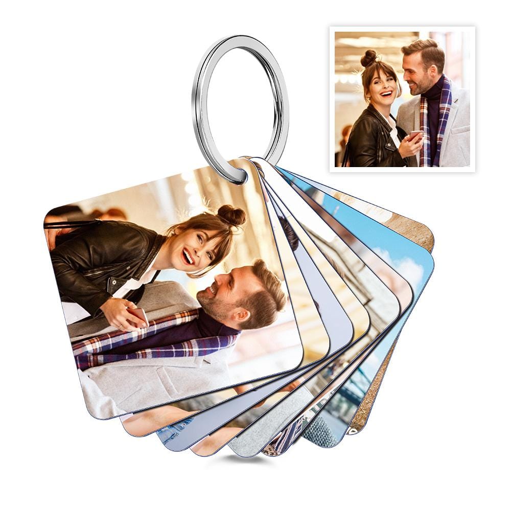 Rear view of double-sided acrylic photo keyring and soft felt pages — bespoke personalised photo keyring for weddings and graduations