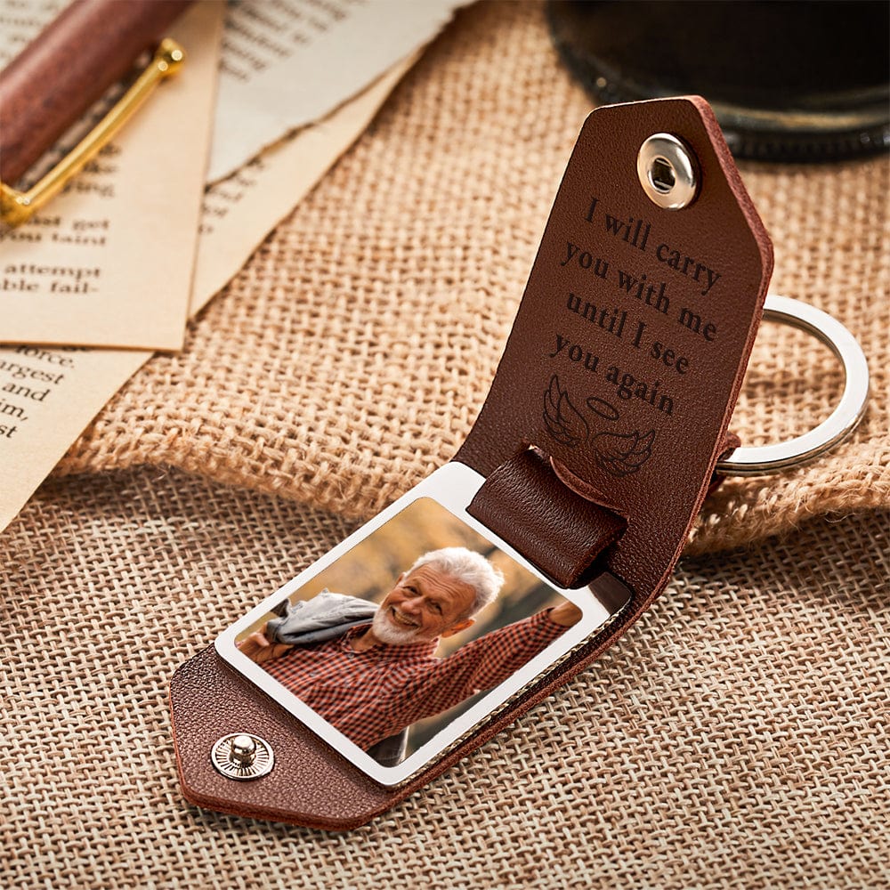 Reverse of personalised PU leather keyring displaying optional custom text — memorial keepsake detail