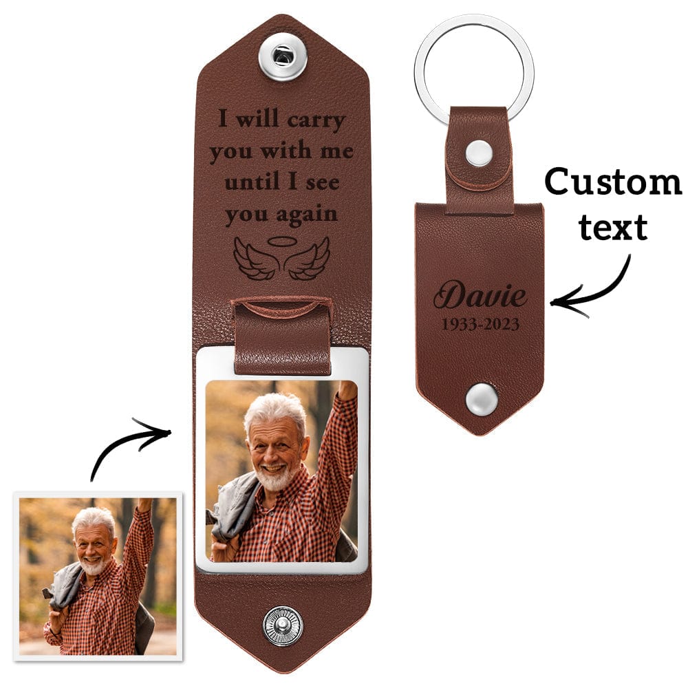 Angle highlighting metal ring and hardware on personalised PU leather keychain — secure, stylish custom photo keyring