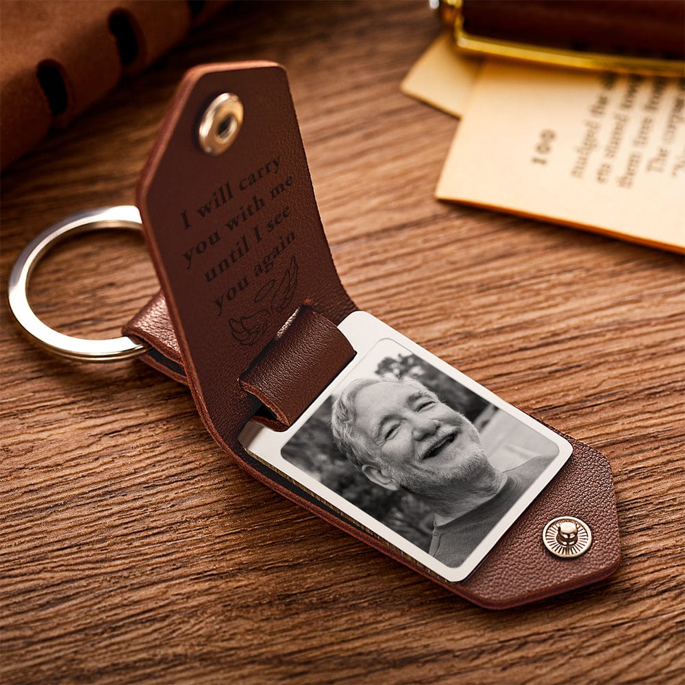 Close-up of high‑resolution photo print and neat stitching on personalised PU leather keychain — durable finish
