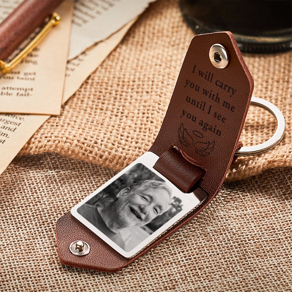 Lifestyle shot of personalised photo PU leather keyring attached to house keys — practical, pocket‑friendly keepsake