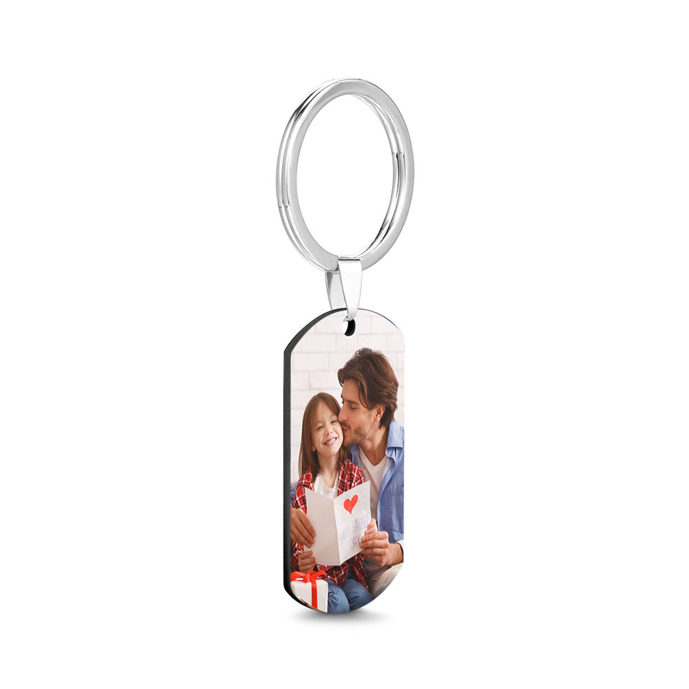 Two-sided personalised aluminium keyring showing printed photo on one side and engraved slogan on the other – perfect personalised keepsake for Dad
