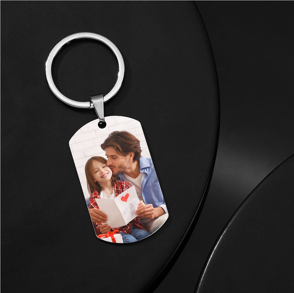 Close-up of engraved message on aluminium keyring 'IF DAD CAN'T FIX IT WE'RE ALL SCREWED' with shiny finish – personalised keychain detail