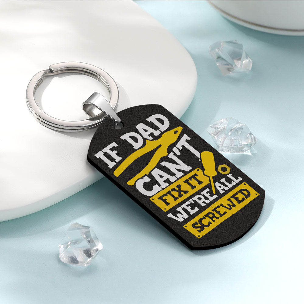 Close-up of keyring loop and edge of personalised aluminium keychain – 2mm thick, sturdy engraved Father's Day gift