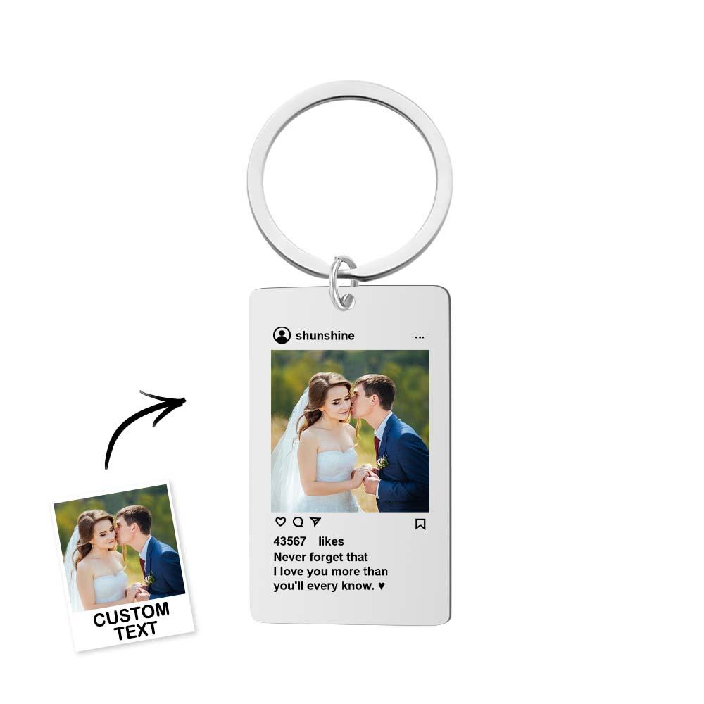 Rear and side view of personalised stainless steel Spotify photo keychain highlighting brushed finish and engraving detail