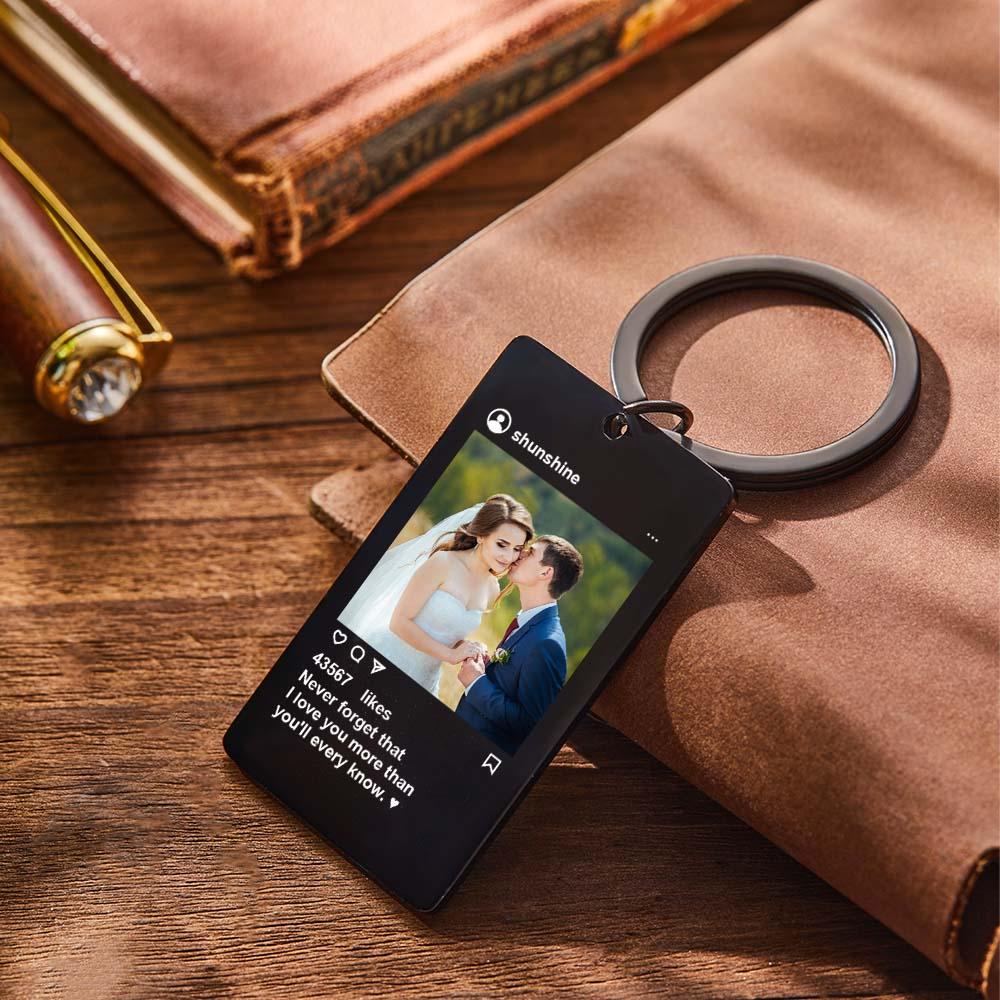 Close-up of engraved Spotify code and customised text on stainless steel music plaque keyring – personalised gift