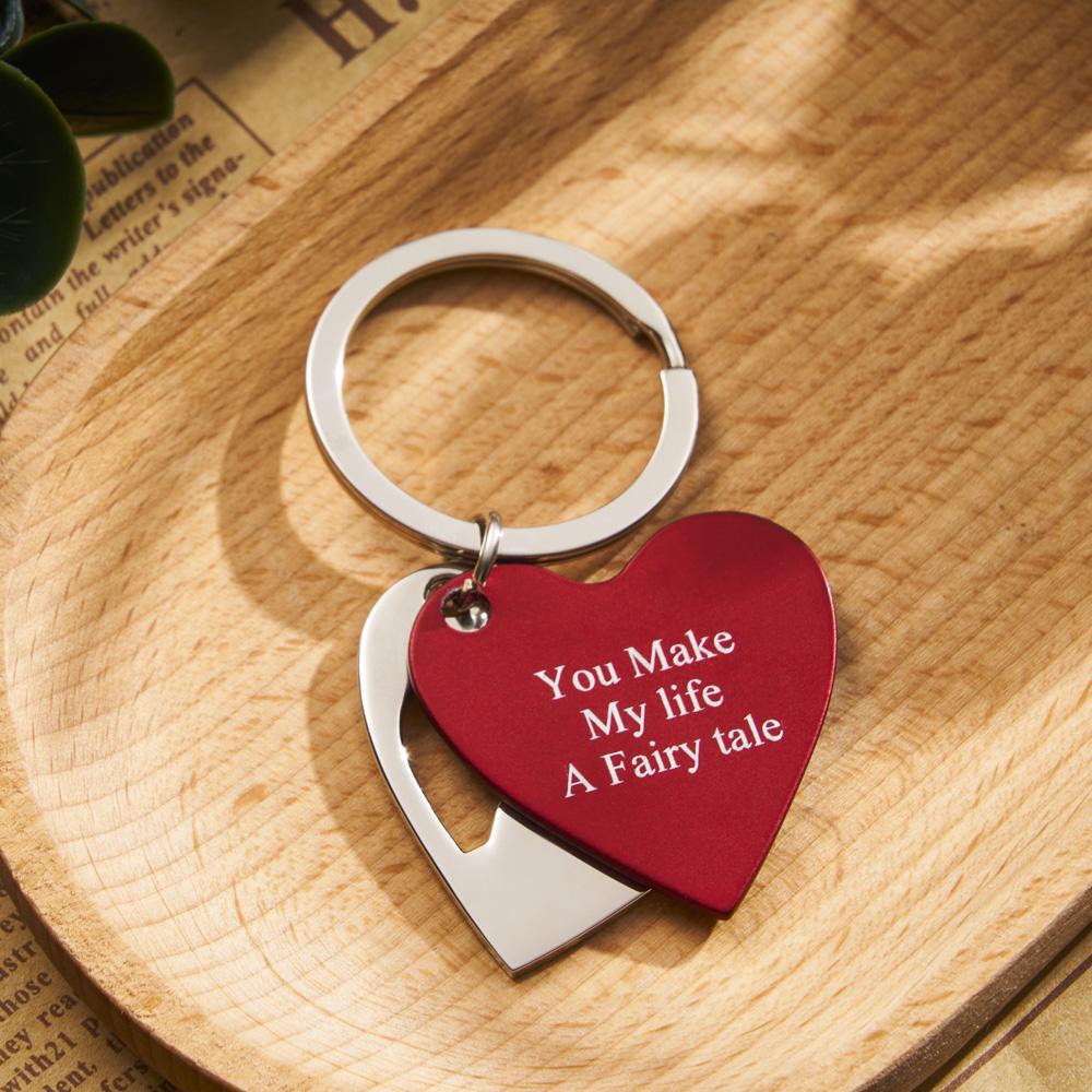 Lifestyle image of silver two-hearts keyring attached to a handbag and keys – personalised engraved bag charm and everyday keyring, thoughtful gift for couples