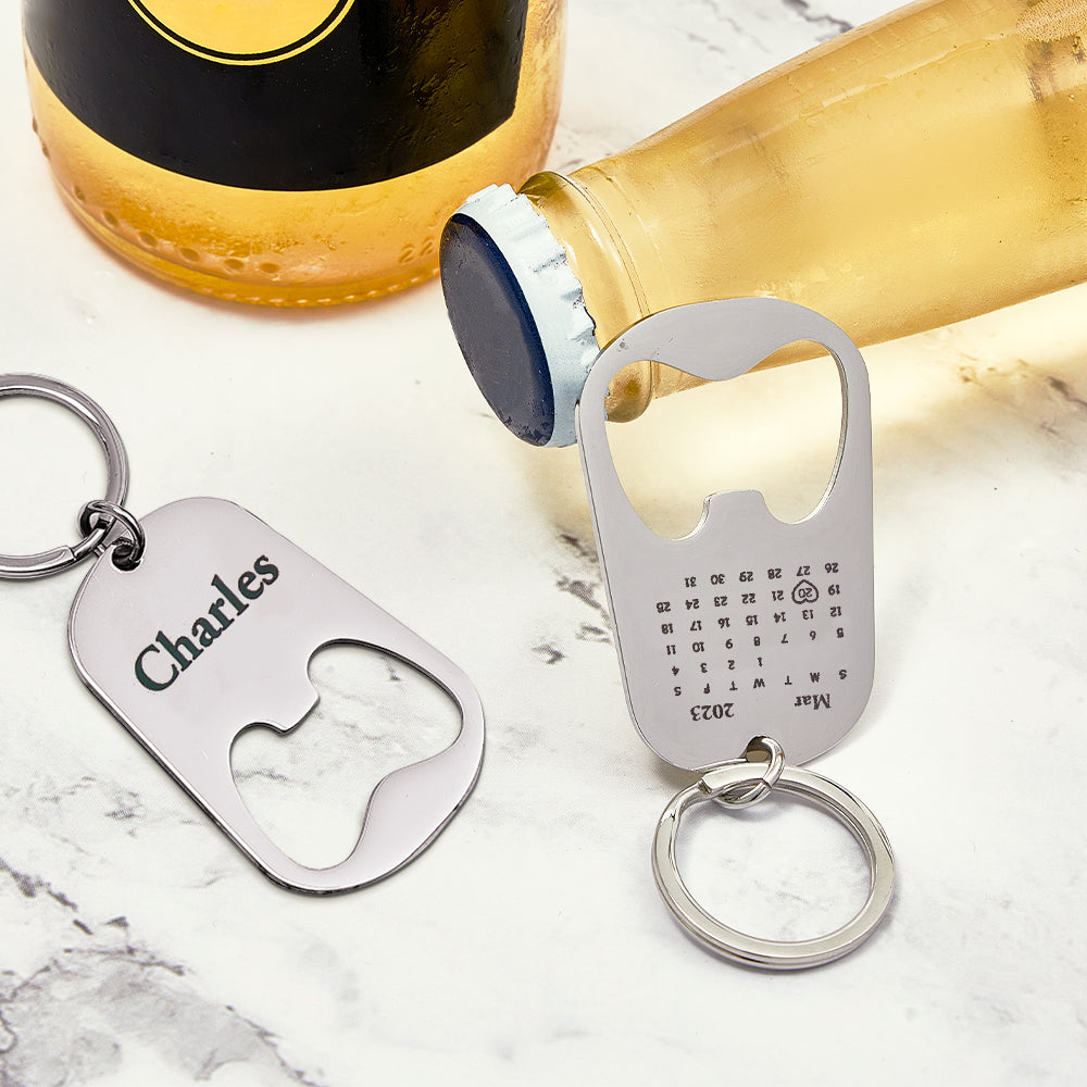 Engraved personalised calendar keyring displayed to highlight custom message and option to upload photos or music for bespoke customisation