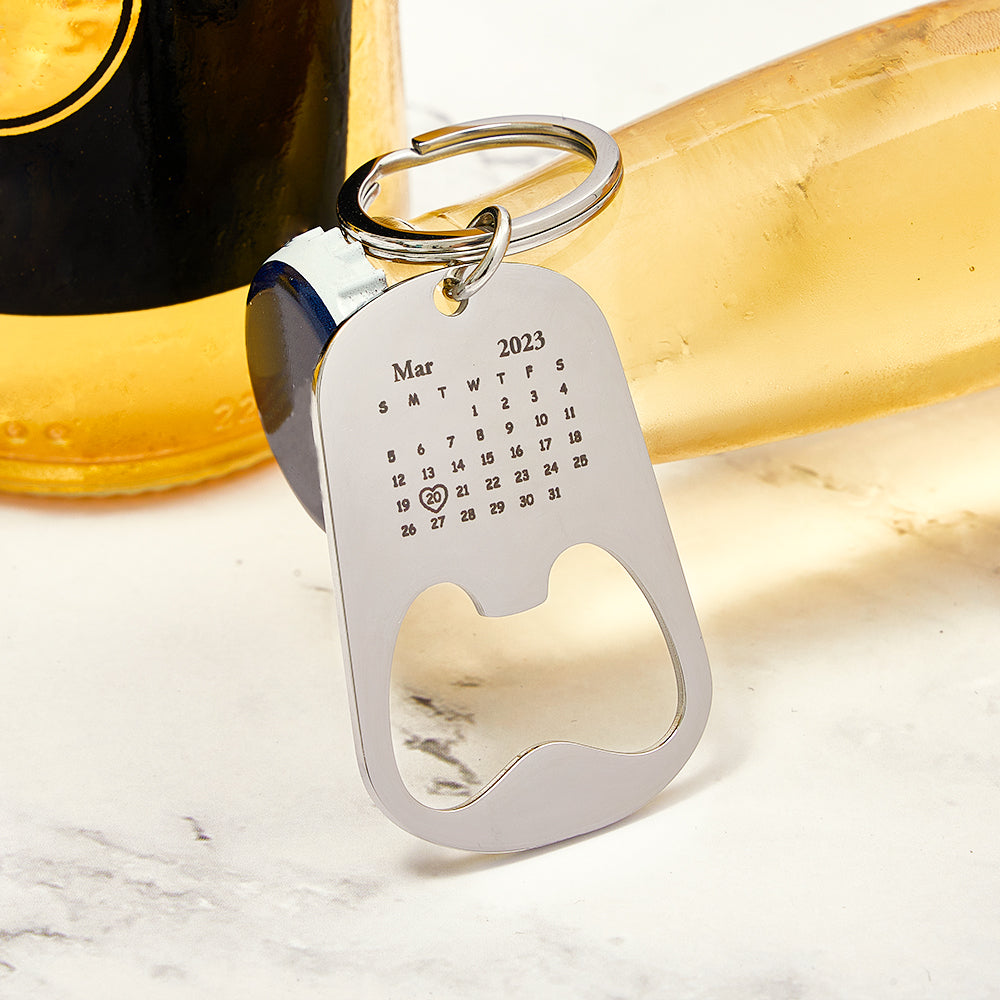 Personalised engraved calendar keyring bottle opener with keys and leather loop, ideal personalised keychain gift for groomsmen and weddings