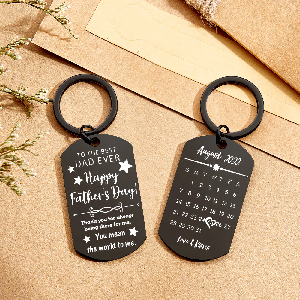 Personalised photo keychain featuring sample text and date — small custom anniversary gift for Dad or partner