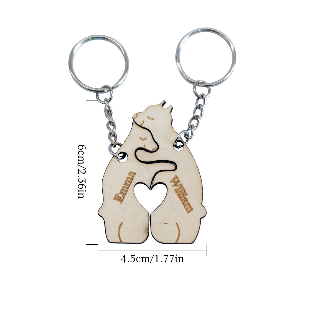 Twin personalised bear keychains on split rings — engraved wooden couple keyrings ideal as Valentine's or anniversary gifts