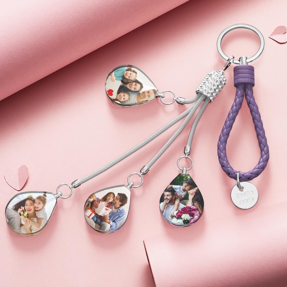 Angled view of purple customisable keyring with sparkling crystal-inlaid photo insert and sturdy stainless steel ring — personalised accessory gift