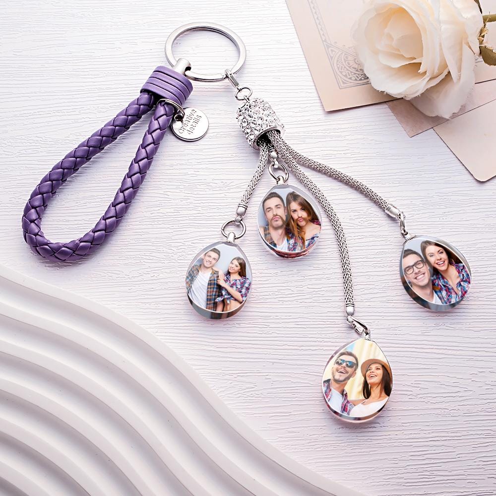 Detail shot of personalised keychain showing stainless steel split ring, chain and diamond inlaid crystal — bespoke handcrafted memento