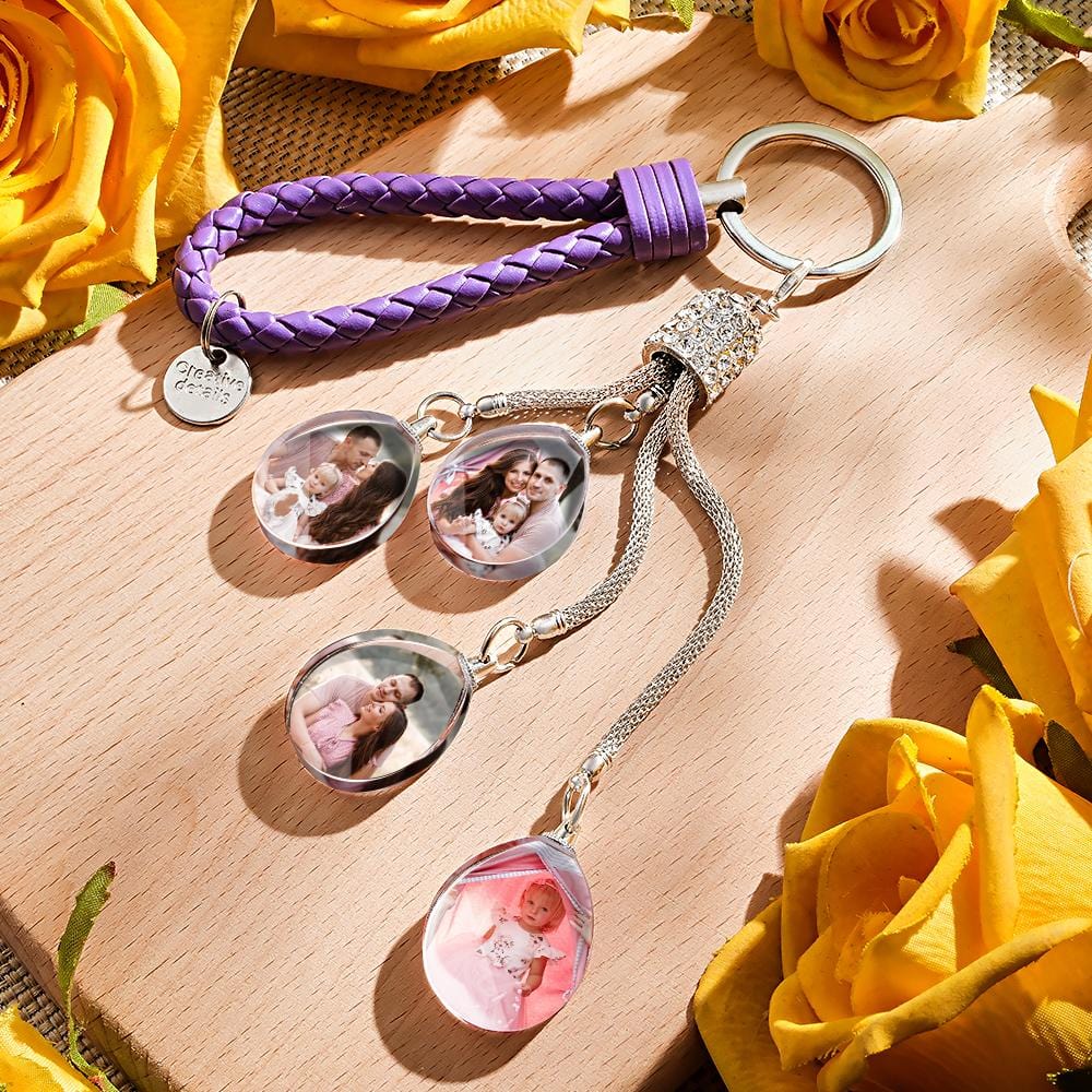 Purple personalised photo keychain with diamond-inlaid crystal panel in polished stainless steel — custom photo keyring, sparkling personalised gift and keepsake