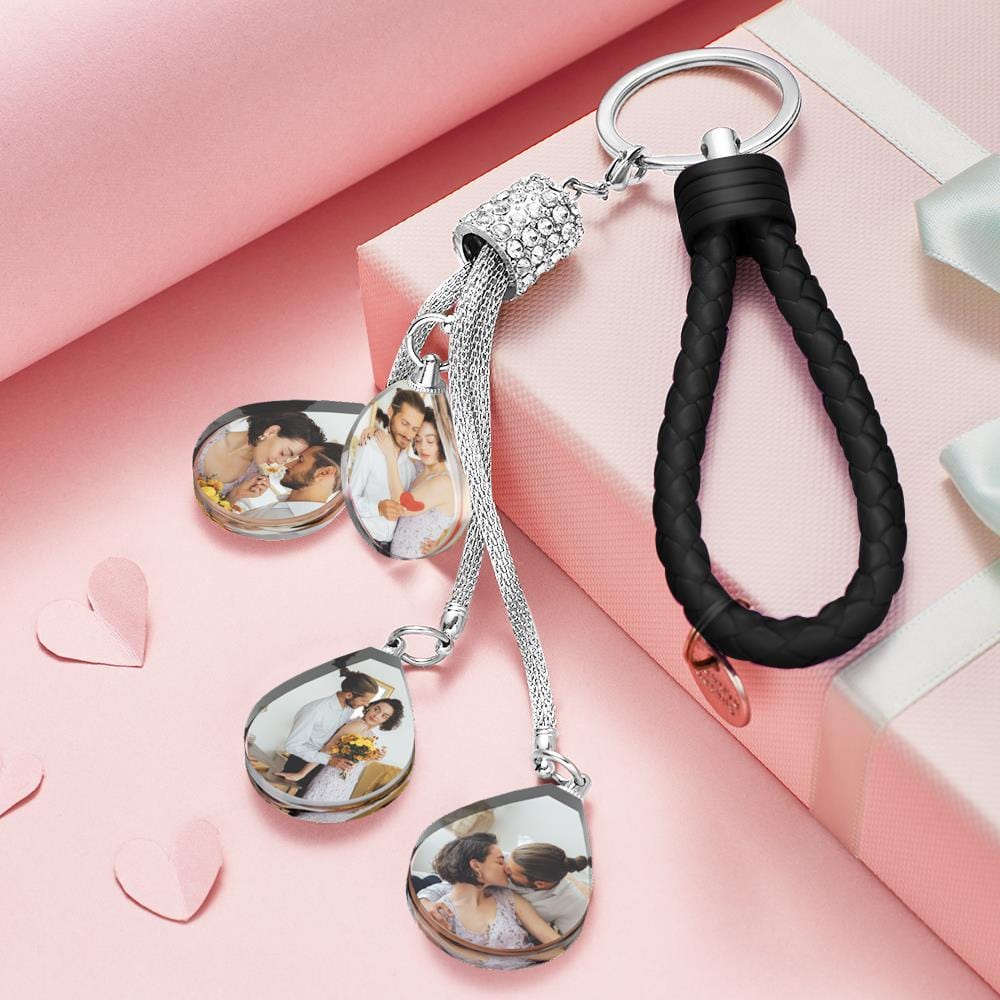 Front-facing purple diamond-inlaid crystal personalised keychain with custom photo — sparkling personalised keyring and photo keepsake