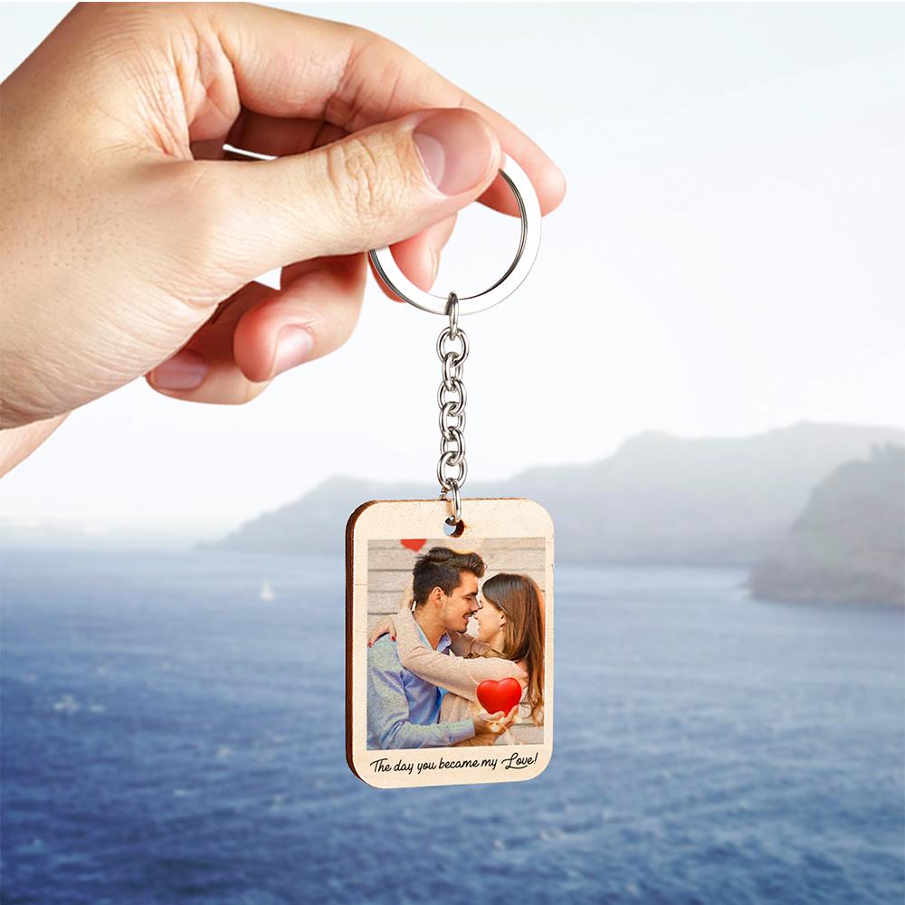 Personalised wooden key ring shown from multiple angles to highlight photo print, date customisation option and sturdy metal ring - anniversary or birthday gift