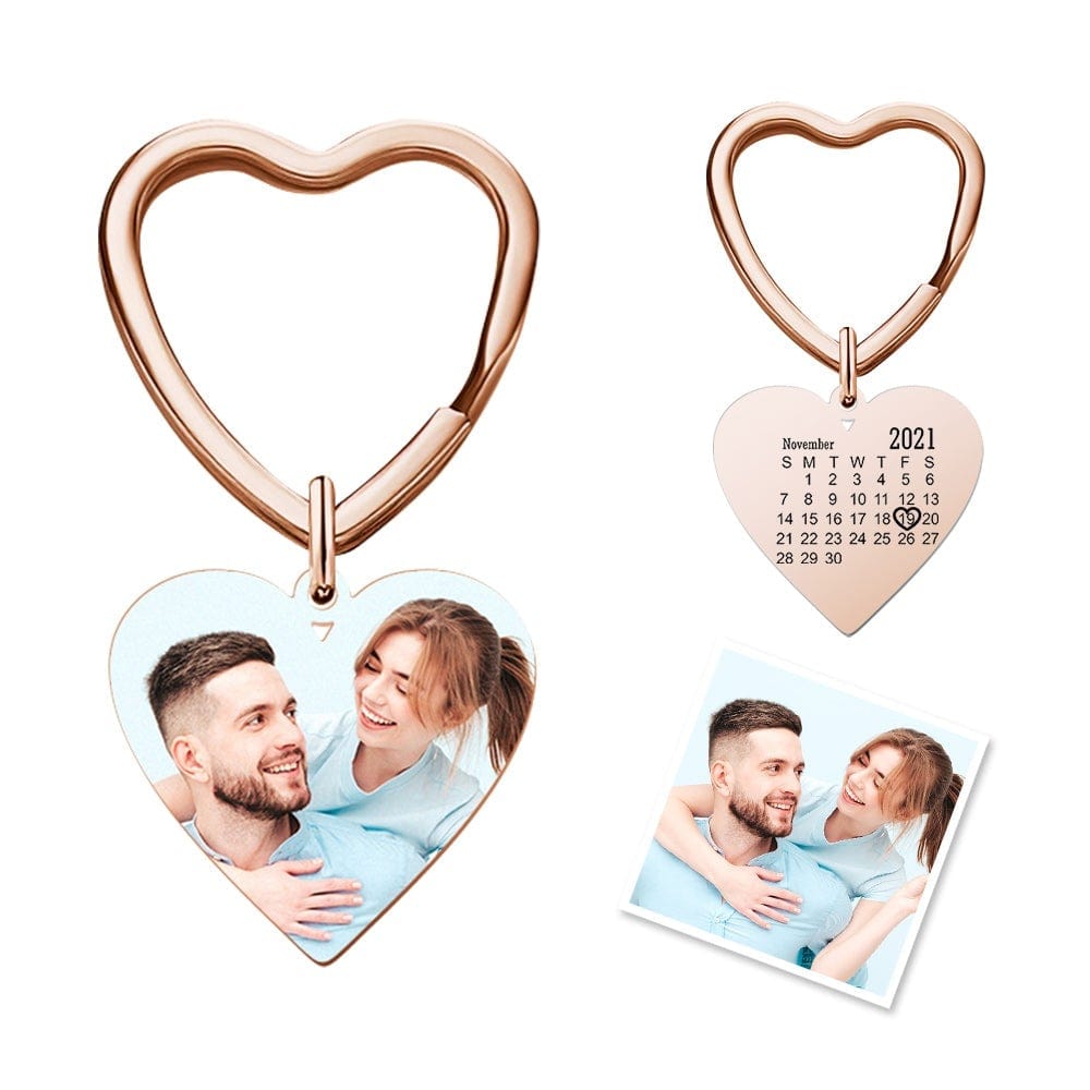 Rose gold personalised heart photo keyring with engraved image and highlighted calendar date – thoughtful personalised gift for Mum