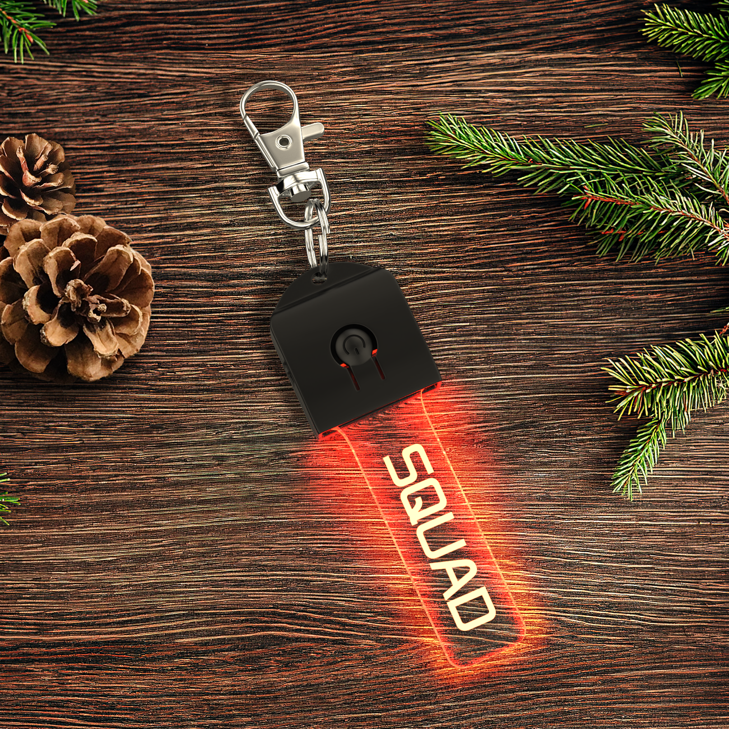 Clear acrylic personalised LED keyring with UV printing and gradient glow, carabiner clip