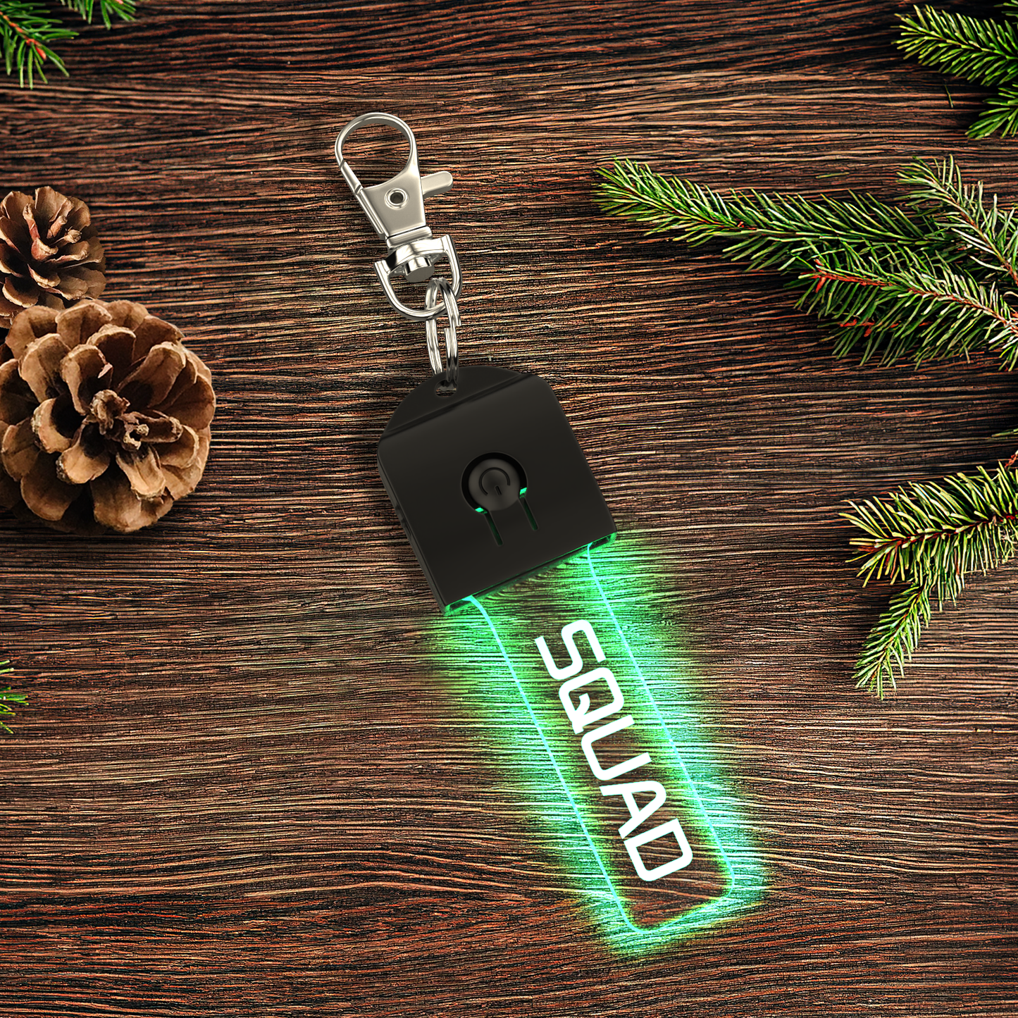 Close-up of UV-printed clear acrylic keyring showing gradient LED glow and personalised options