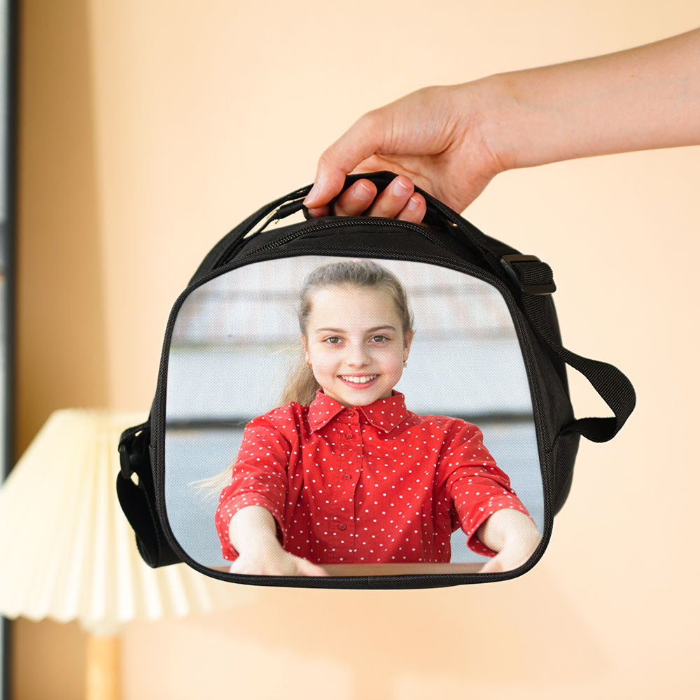 Open Personalised Photo Insulated Lunch Bag showing insulated thermal lining and roomy main compartment for snacks