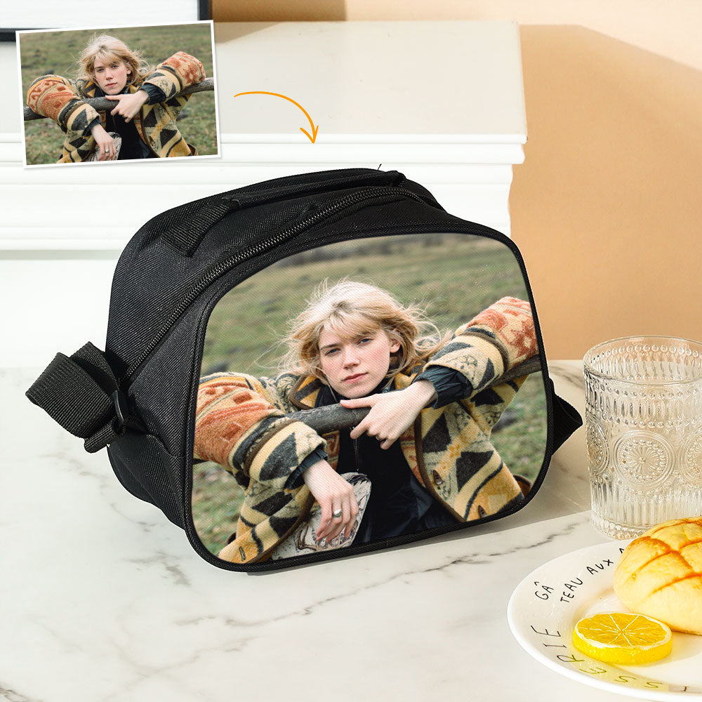 Child carrying personalised photo insulated lunch bag at school — perfect for kids, teens and back-to-school gifting