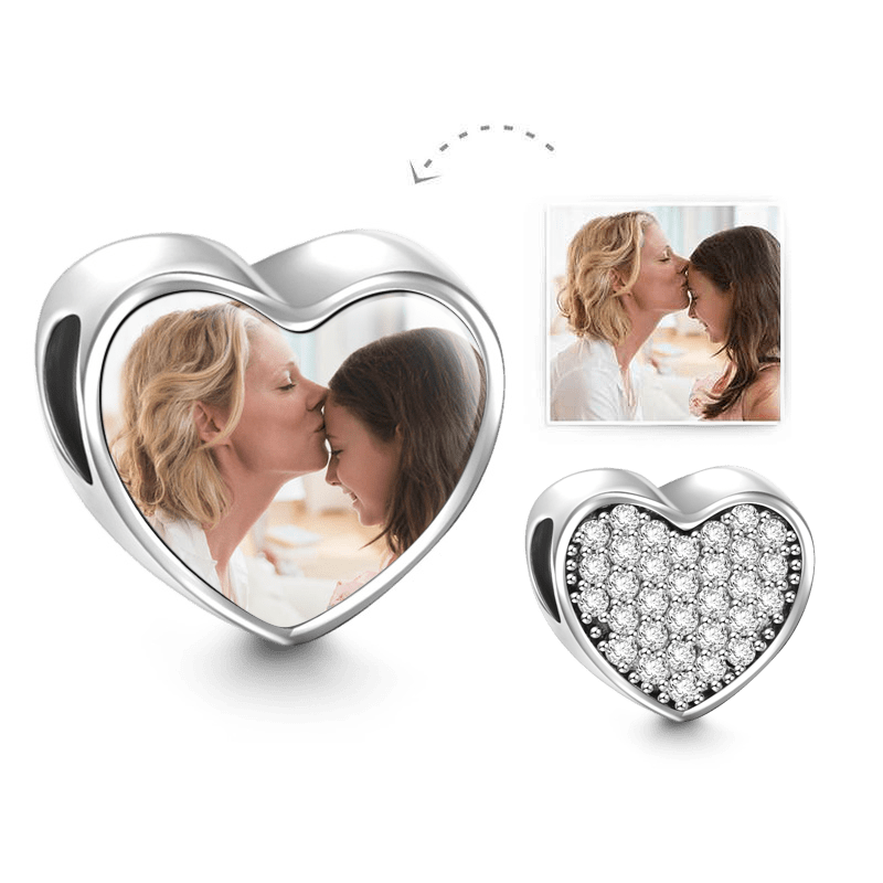 Personalised Heart Photo Charm with Pave CZ | Custom Picture Bead