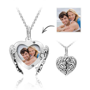 Cutsom Angel Wings Heart Locket Necklace with Engraving