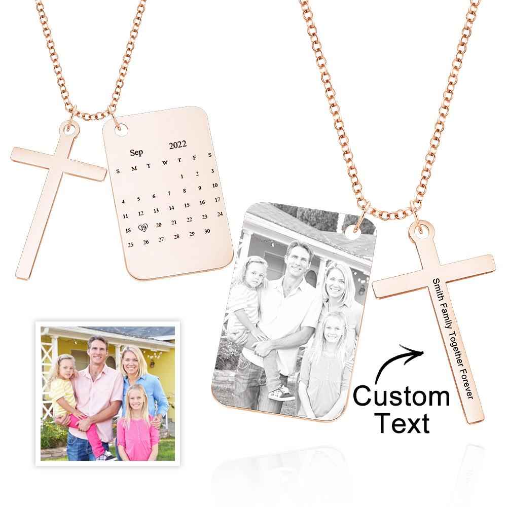 Personalized Photo Calendar Engraved Stainless Steel Cross Necklace Custom Message Pendant Father's Day Gift