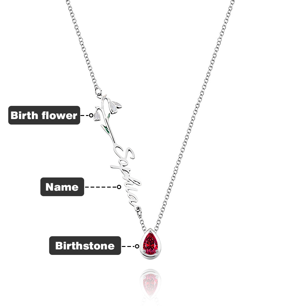 Personalised birth flower necklace with name and birthstone on 55cm copper chain – unique gift for her
