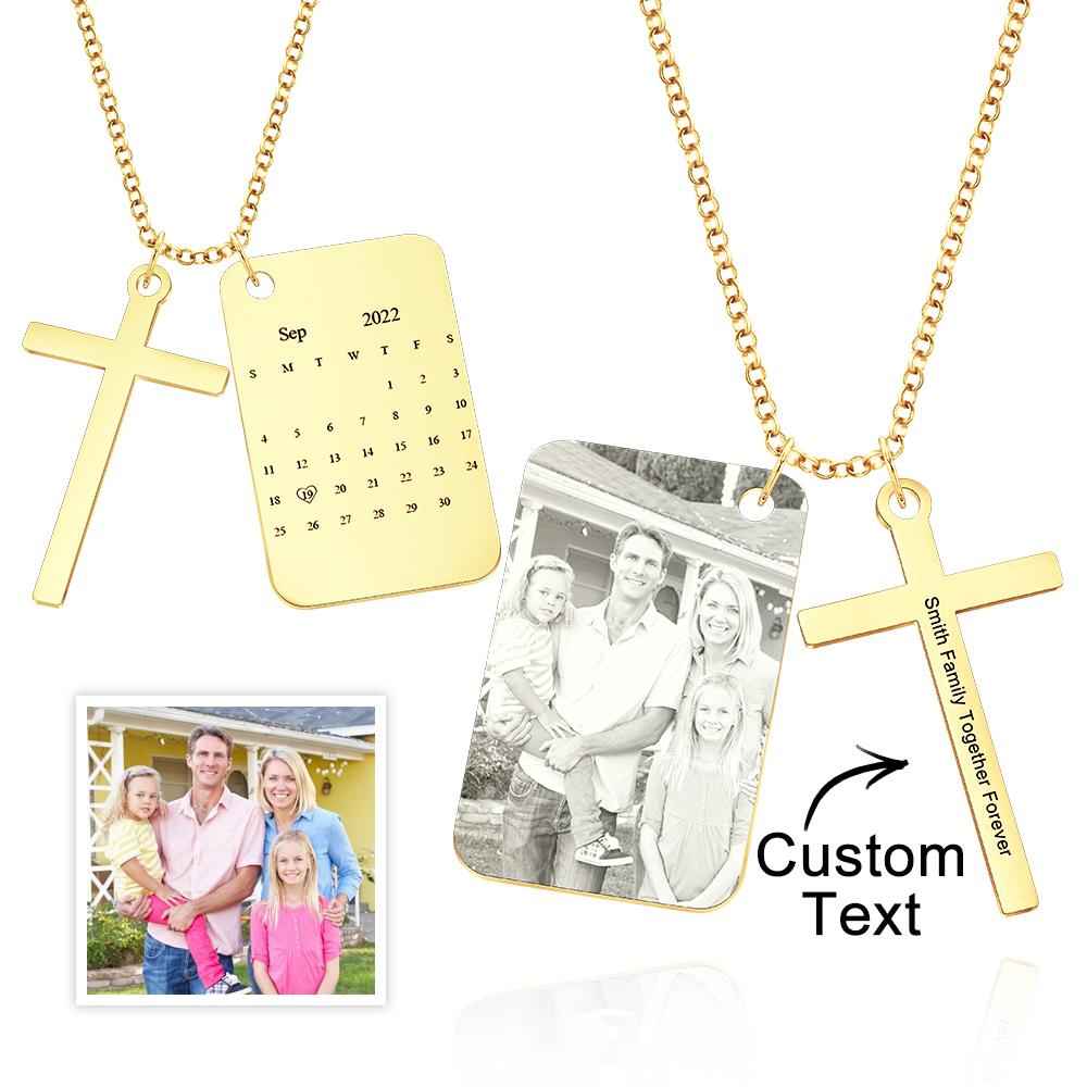 Personalized Photo Calendar Engraved Stainless Steel Cross Necklace Custom Message Pendant Father's Day Gift