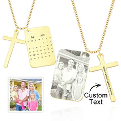 Personalized Photo Calendar Engraved Stainless Steel Cross Necklace Custom Message Pendant Father's Day Gift