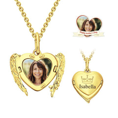 Custom Engraved Locket Necklace Angel Wings Pattern Gift for Her