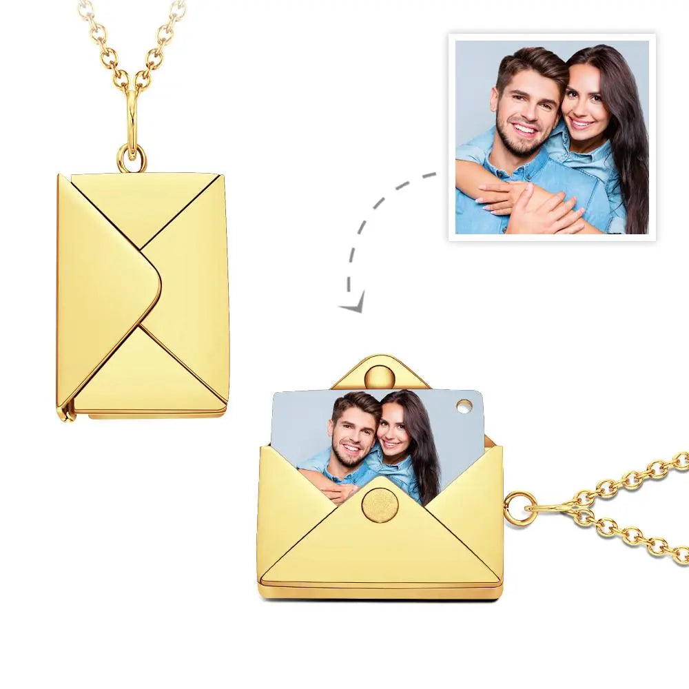 Rose gold personalised envelope locket necklace displayed closed — custom engraving option and adjustable O‑chain, perfect birthday or Mother’s Day gift