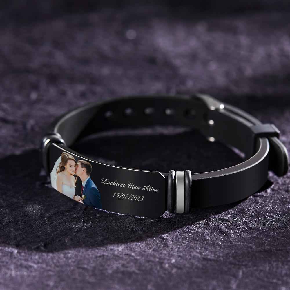 Custom Men's Photo Engraved Bracelet Wedding Gift For Anniversary Newly Married Couple Personalized Bracelet Black Filter