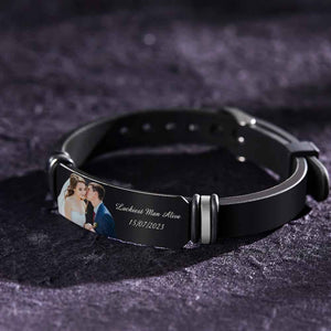 Custom Men's Photo Engraved Bracelet Wedding Gift For Anniversary Newly Married Couple Personalized Bracelet Black Filter