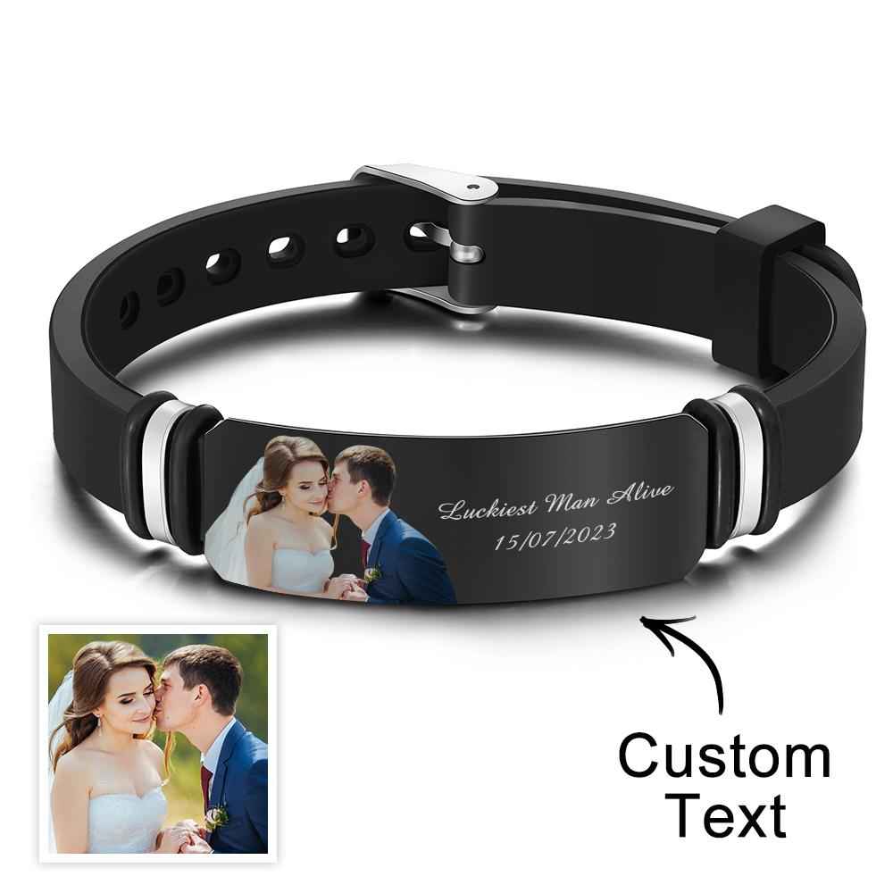 Custom Men's Photo Engraved Bracelet Wedding Gift For Anniversary Newly Married Couple Personalized Bracelet Black Filter