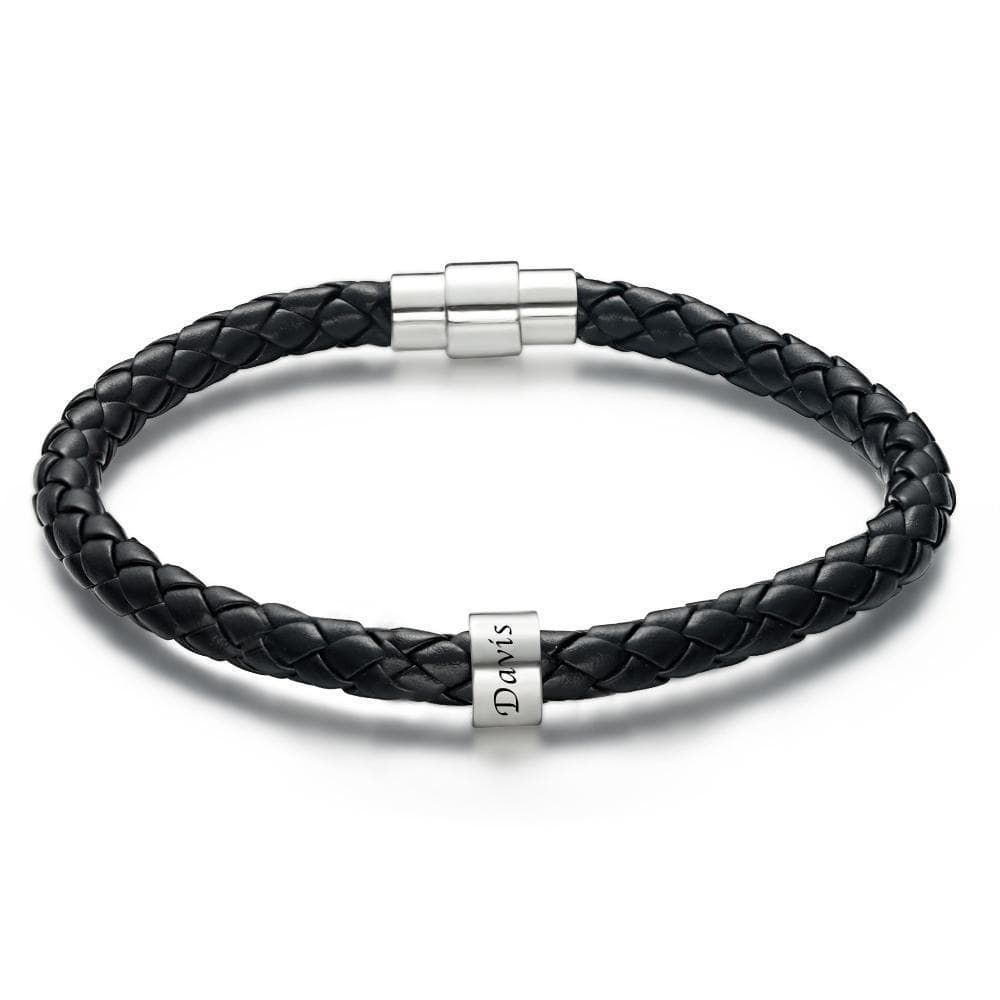 Men's Custom Engraved Black Leather Bead Bracelet | 1-6 Charms Personalised Gift