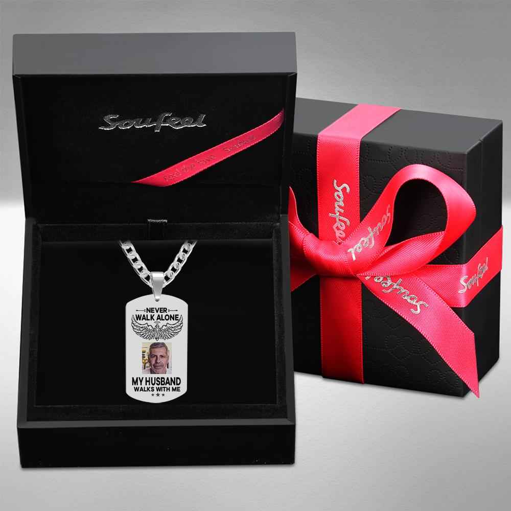 Custom Photo Necklace NEVER WALK ALONE Engrave Tag Necklace Stainless Steel Commemorative Gift